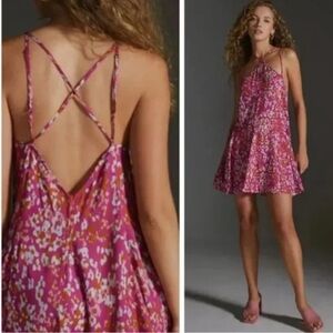 Anthropologie pink printed strappy halter dress